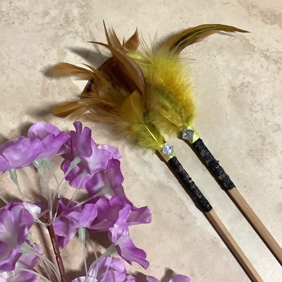 🌸 2PC HAIR PIECE FEATHER BLING LACE CHOPSTICKS BOHO CHIC BOHEMIAN TRIBAL EARTH - Picture 6 of 9